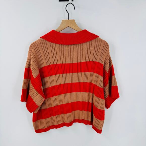 ASOS Striped Cropped Sweater Polo Collar Knit Top Size L Large Fall Outfit - Picture 2 of 6
